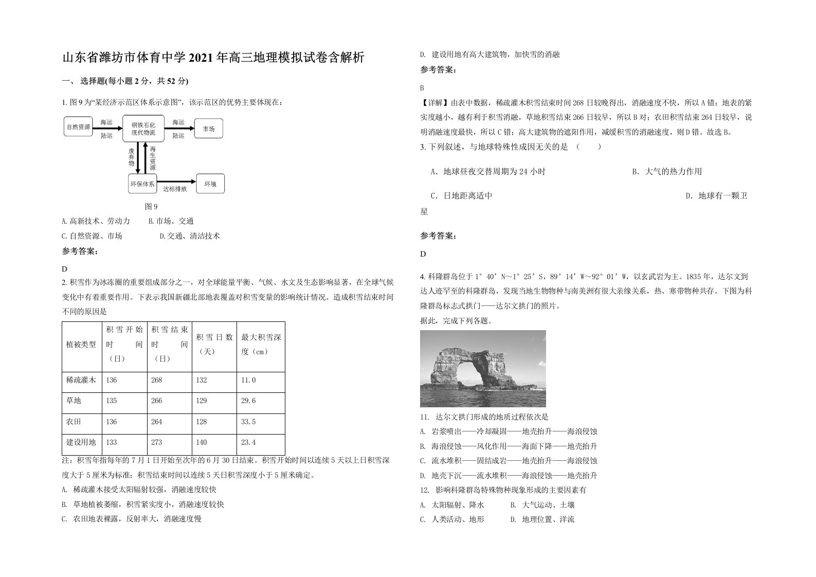 山东省潍坊市体育中学2021年高三地理模拟试卷含解析