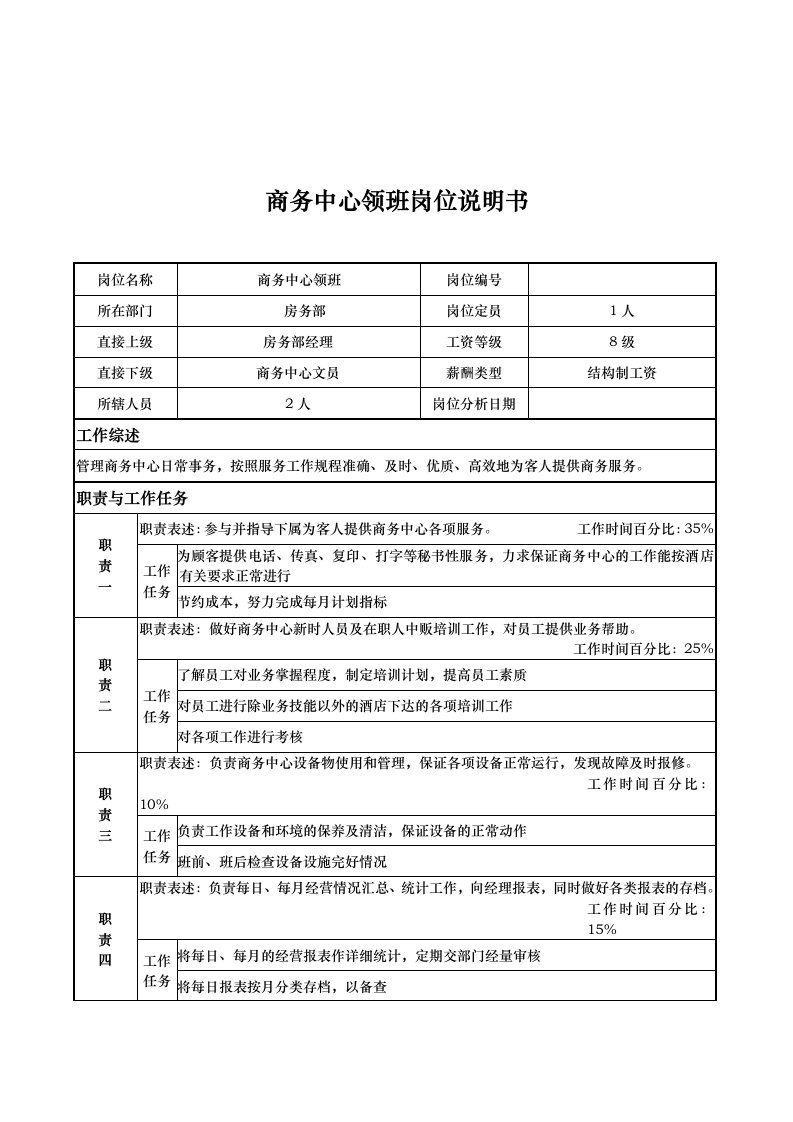 房务部商务中心领班岗位职责