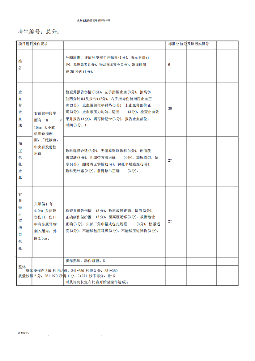 止血包扎操作程序评分标准