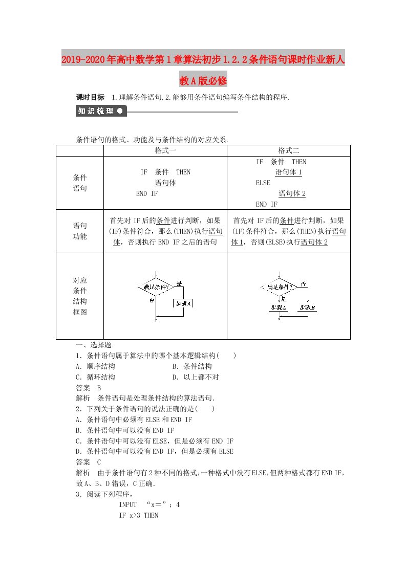 2019-2020年高中数学第1章算法初步1.2.2条件语句课时作业新人教A版必修