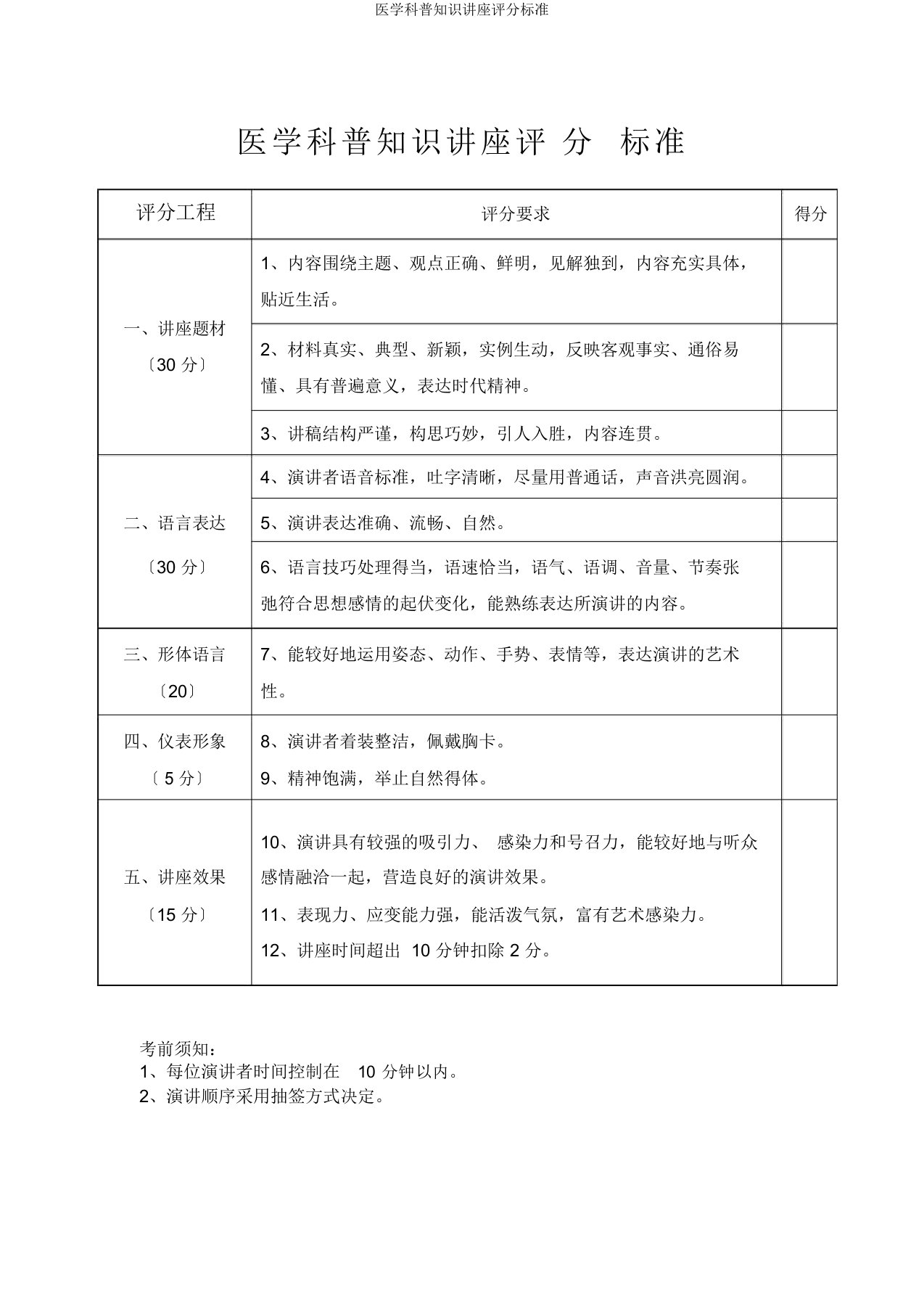 医学科普知识讲座评分标准