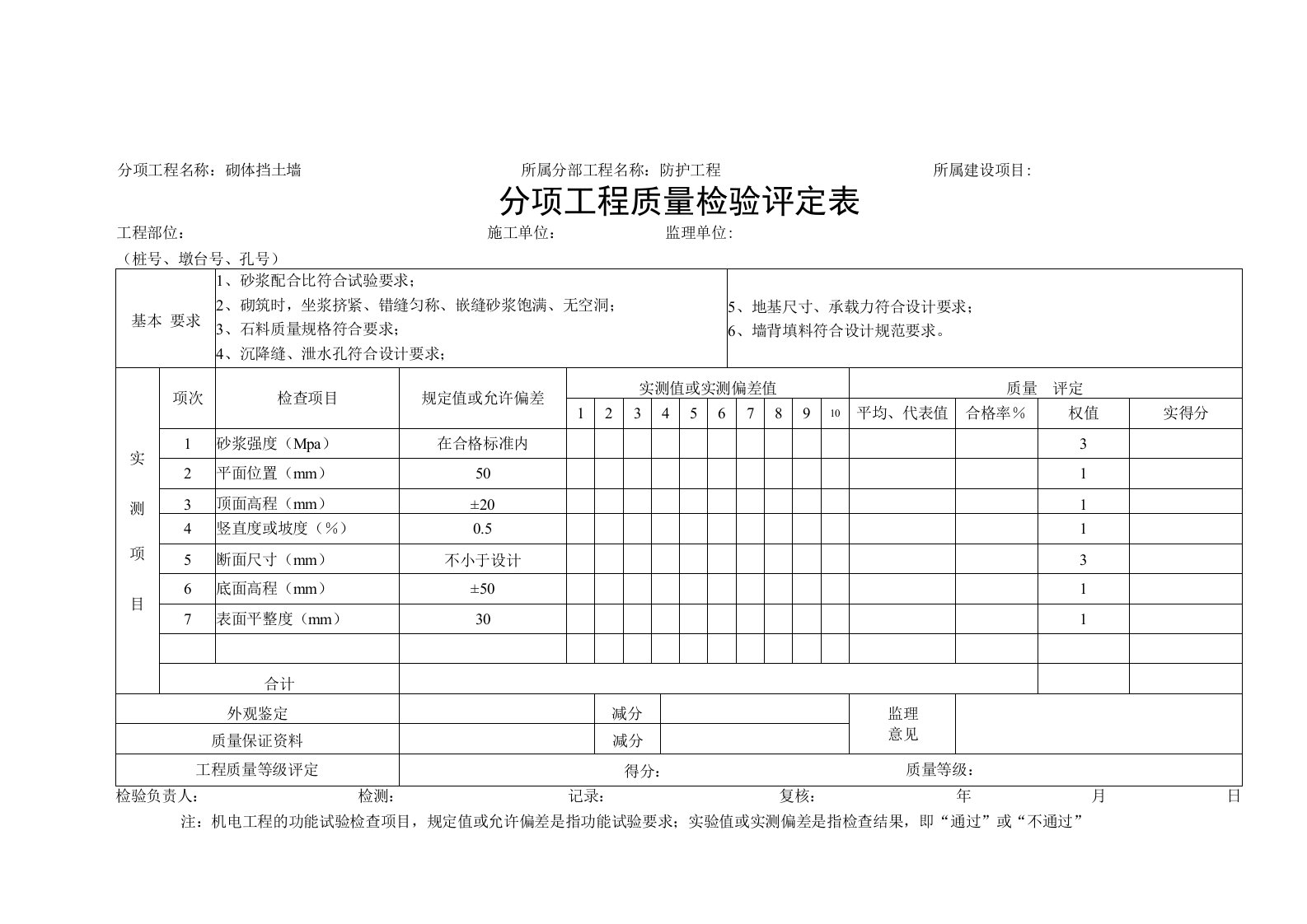 砌体挡土墙分项工程质量检验评定表