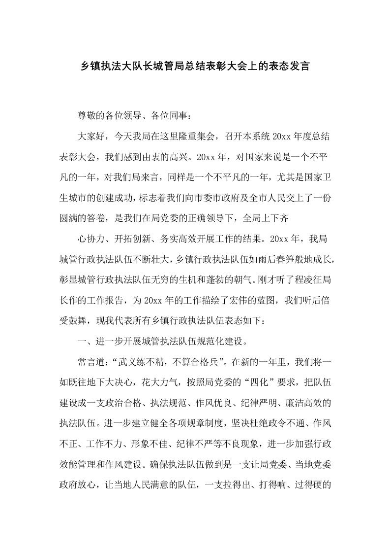 乡镇执法大队长城管局总结表彰大会上的表态发言