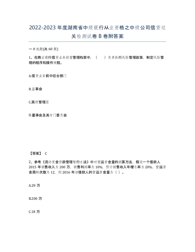 2022-2023年度湖南省中级银行从业资格之中级公司信贷过关检测试卷B卷附答案