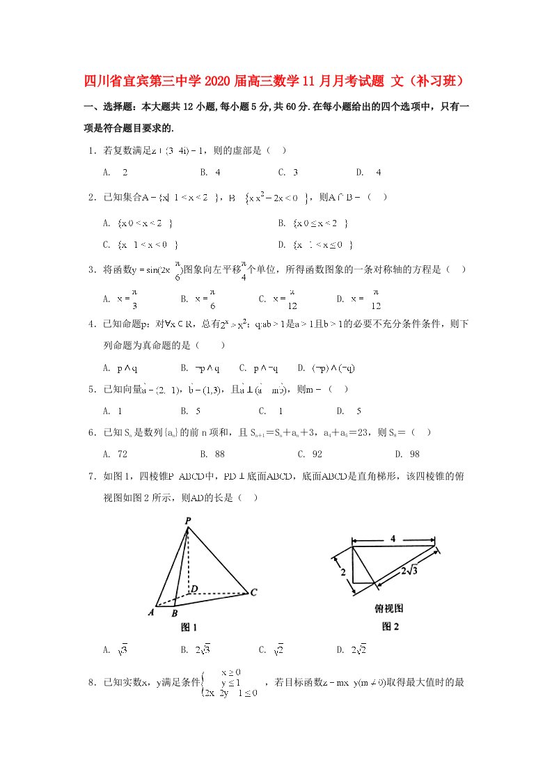 四川省宜宾第三中学2020届高三数学11月月考试题文补习班通用