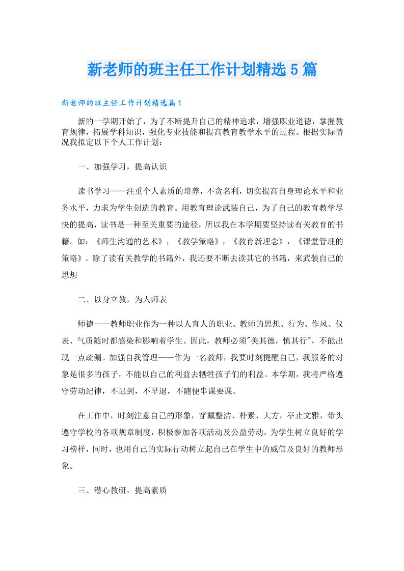 新老师的班主任工作计划精选5篇