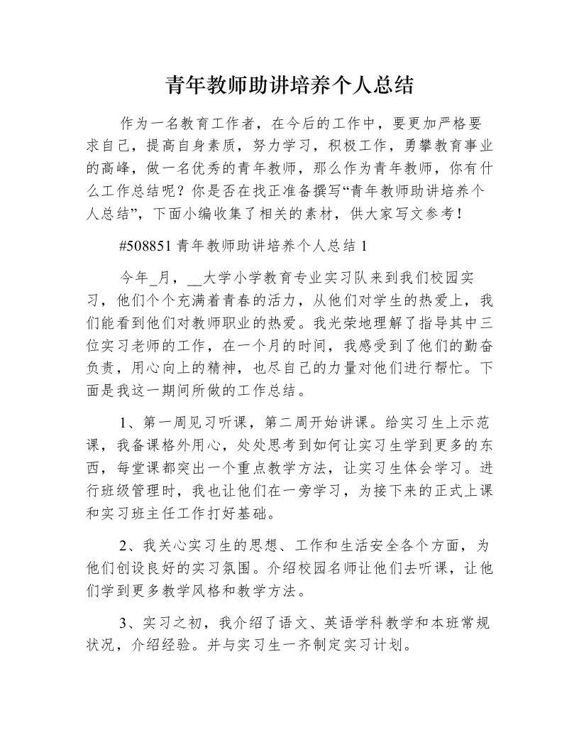 青年教师助讲培养个人总结