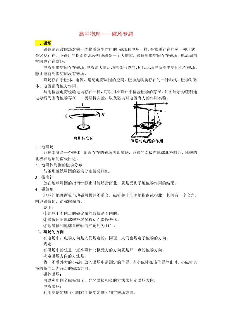 高中物理磁场部分知识点总结概况