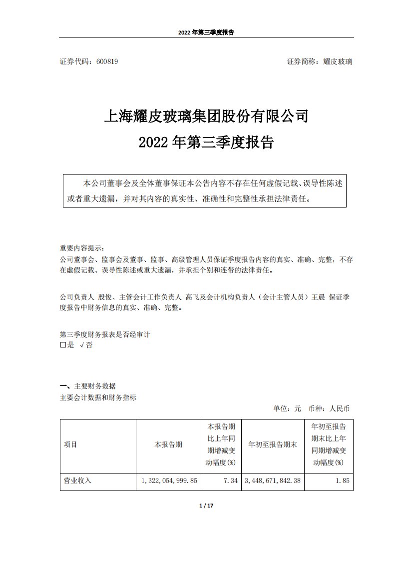 上交所-耀皮玻璃2022年第三季度报告-20221028