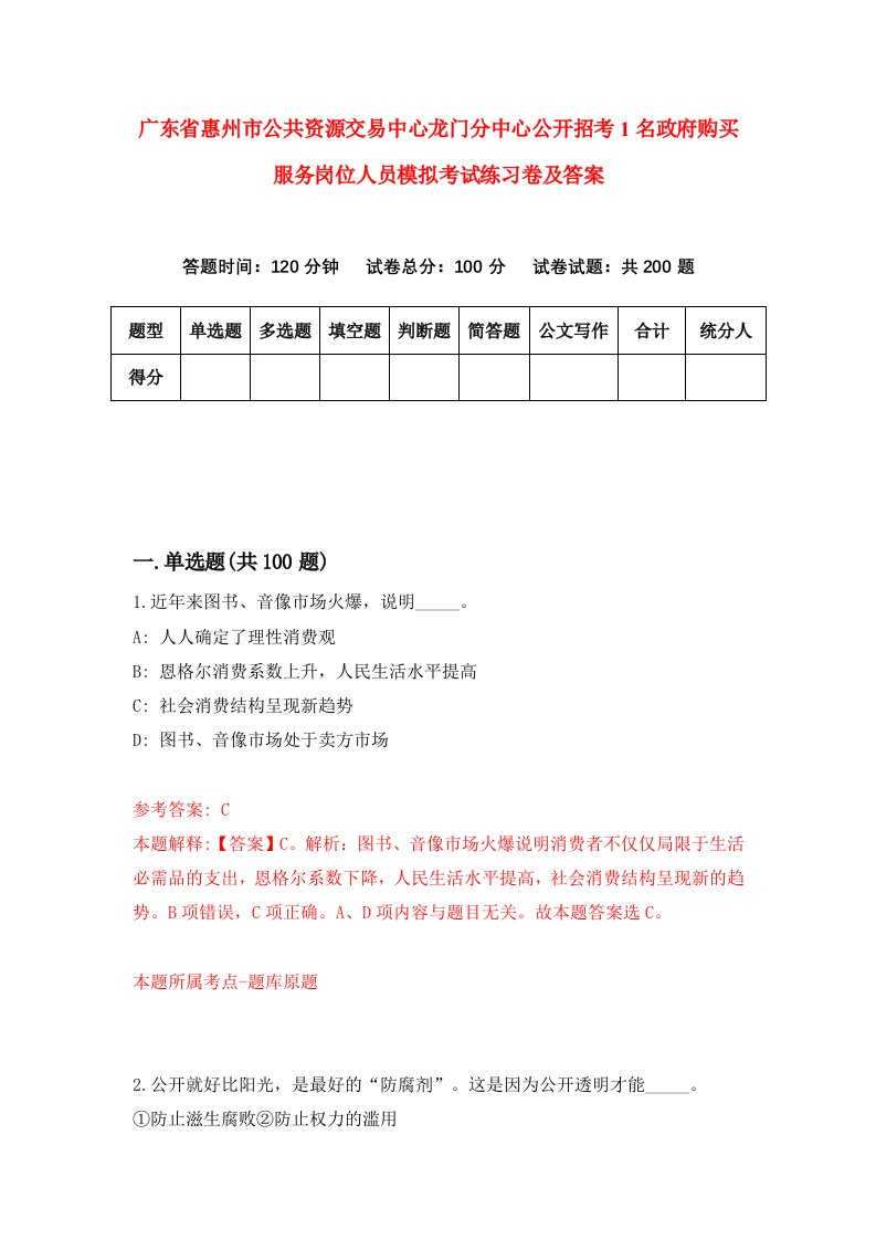 广东省惠州市公共资源交易中心龙门分中心公开招考1名政府购买服务岗位人员模拟考试练习卷及答案第6卷