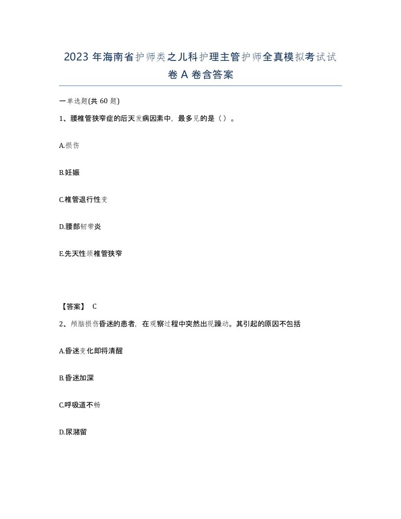 2023年海南省护师类之儿科护理主管护师全真模拟考试试卷A卷含答案