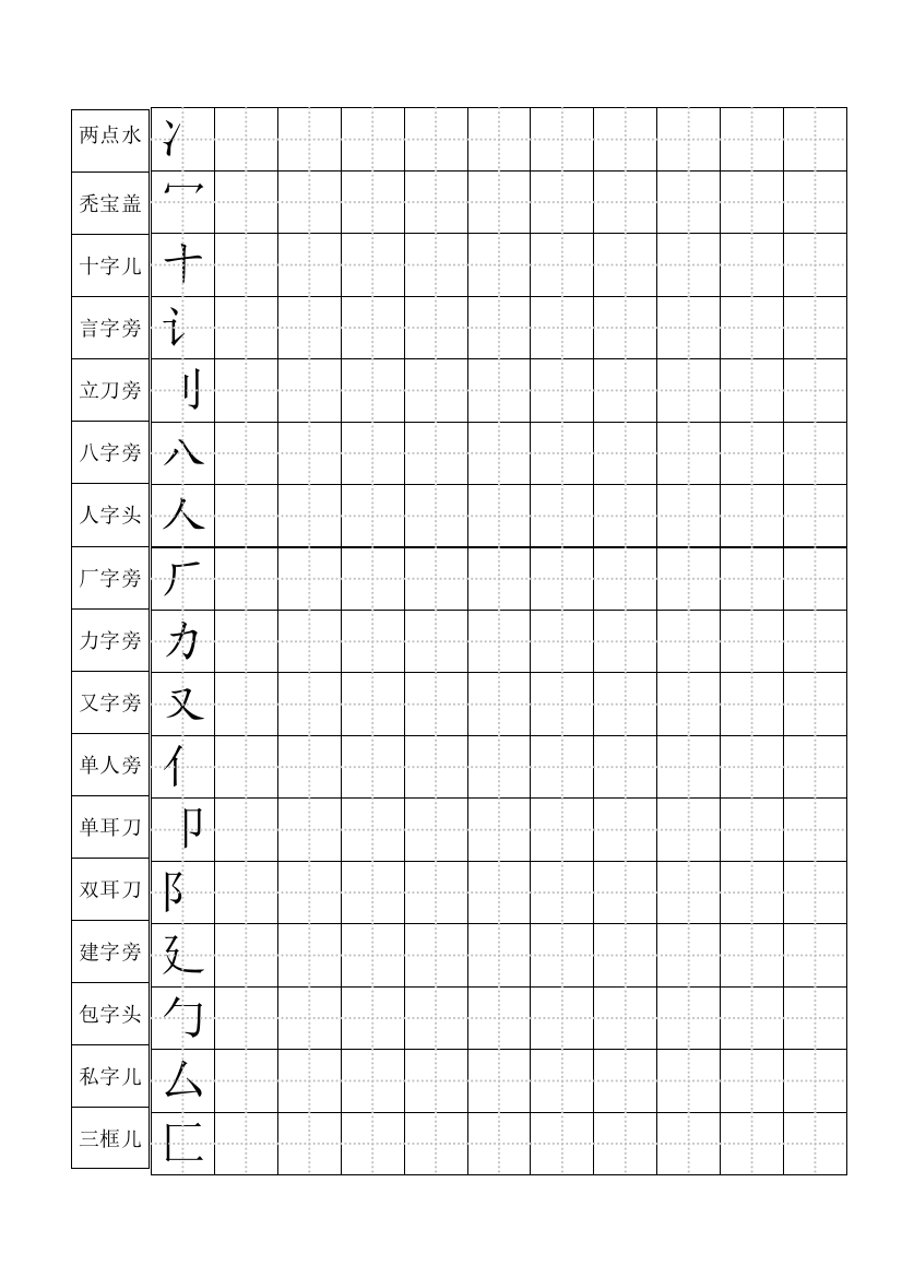 标准田字格偏旁部首儿童练字