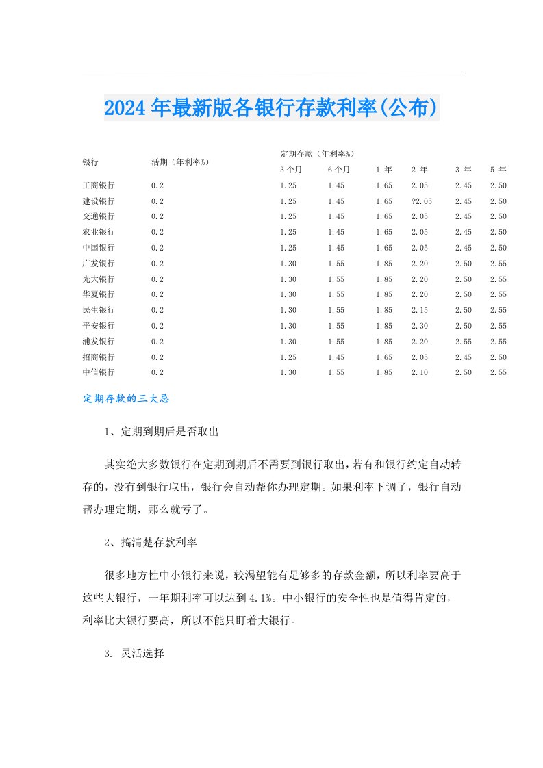 2024年最新版各银行存款利率(公布)