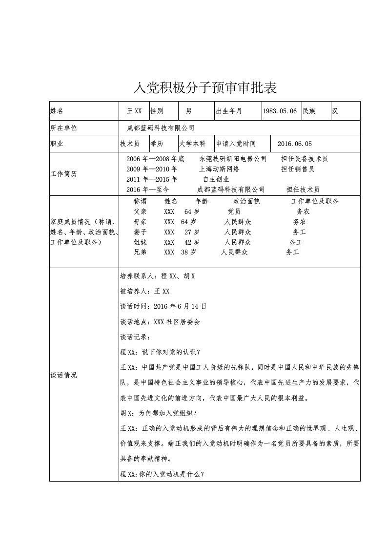 入党积极分子预审审批表(填写范文)