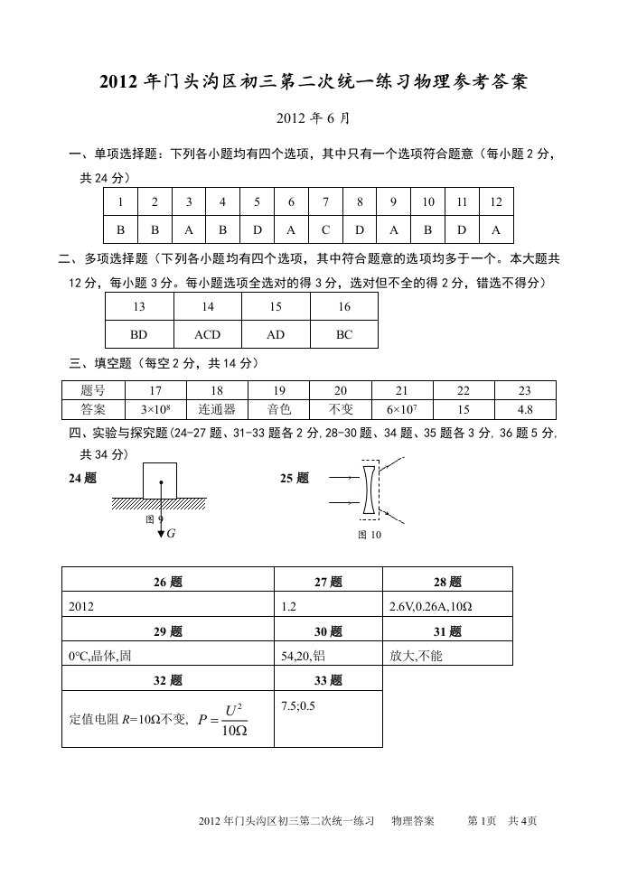 2014北京市门头沟区初三物理二模答案