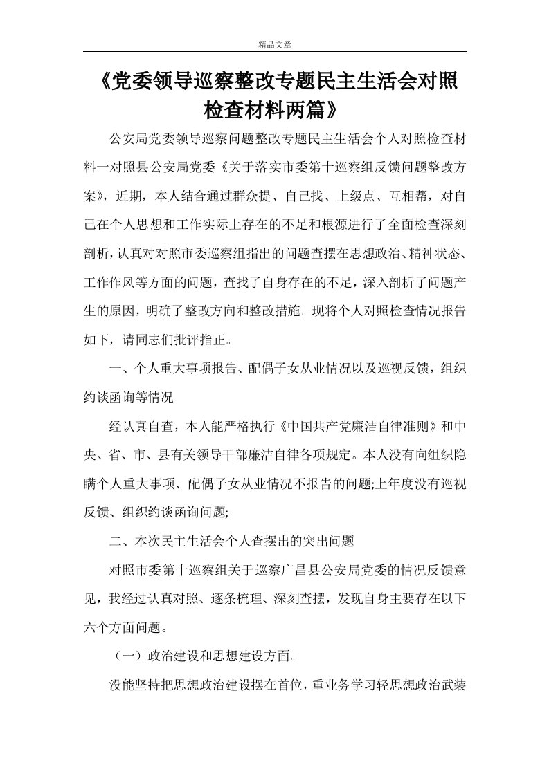 《党委领导巡察整改专题民主生活会对照检查材料两篇》