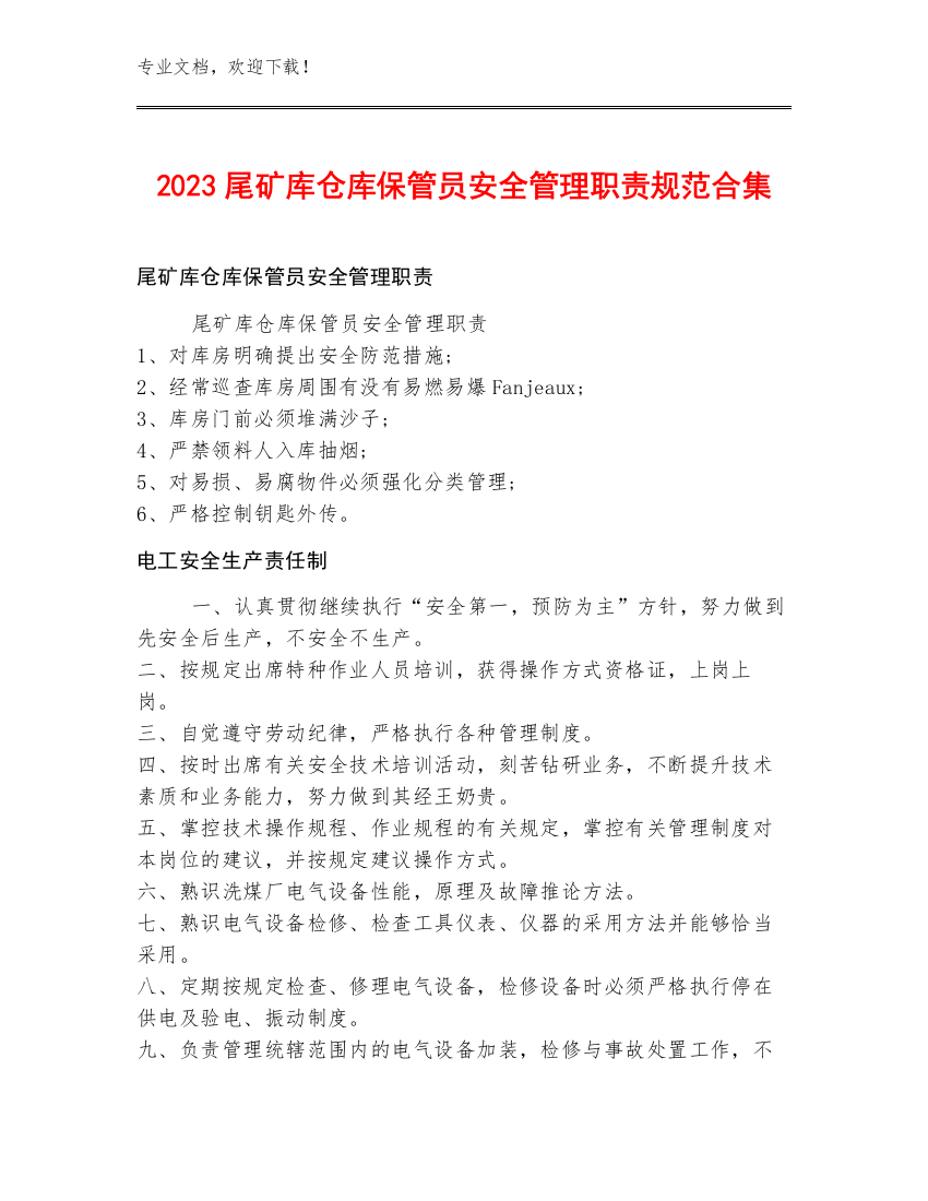 2023尾矿库仓库保管员安全管理职责规范合集