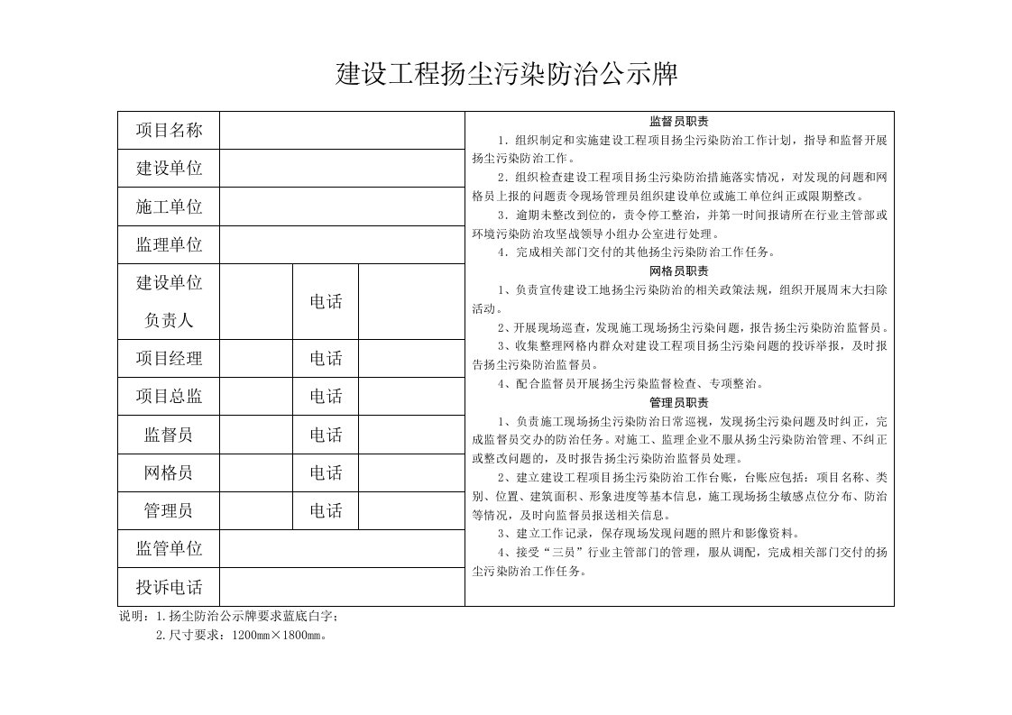 扬尘污染防治公示牌模板