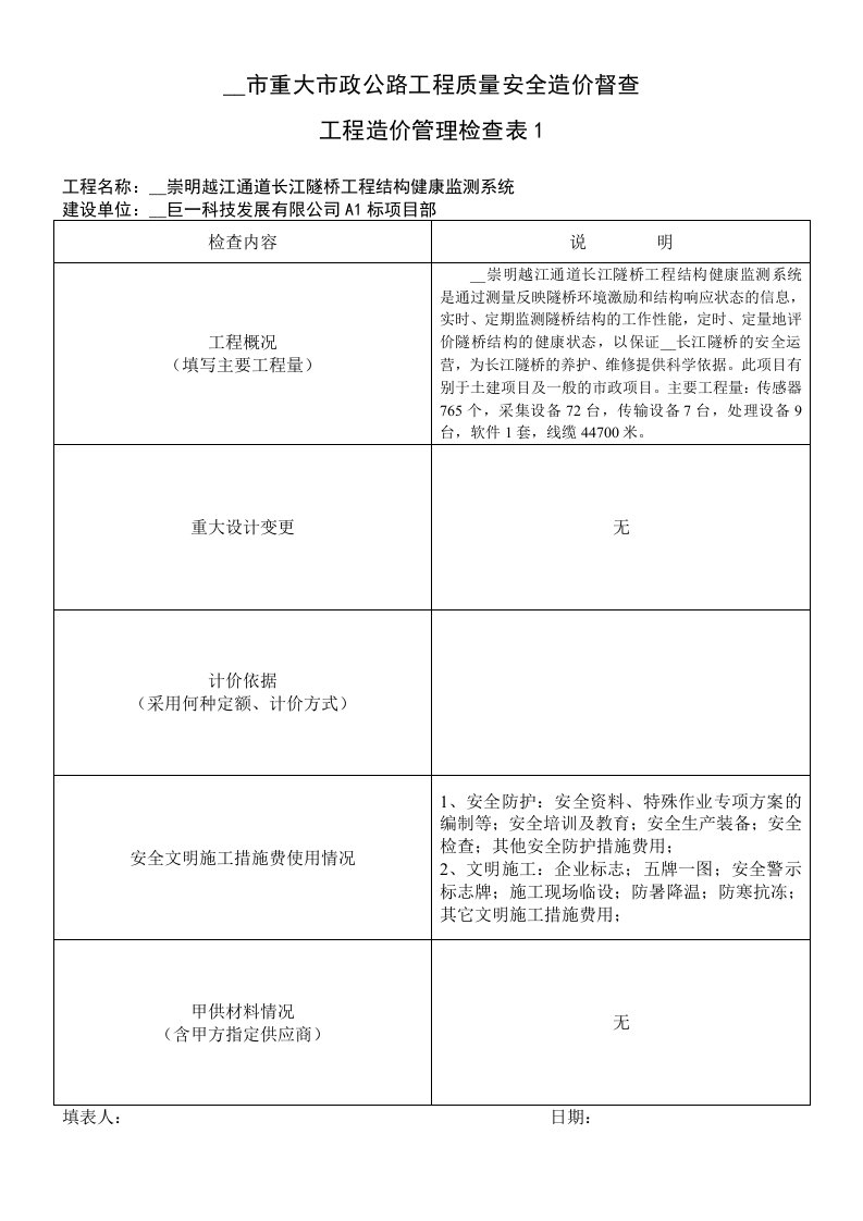 上海市重大市政公路工程质量安全造价督查工程造价管理检查表