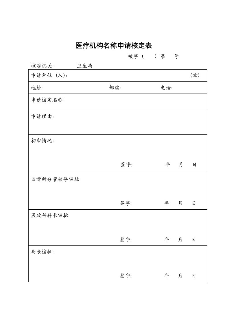 医疗机构名称申请核定表