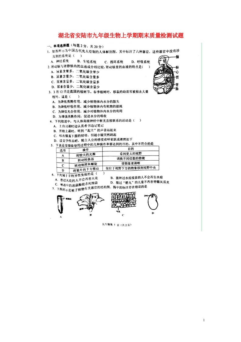 湖北省安陆市九级生物上学期期末质量检测试题（扫描版）