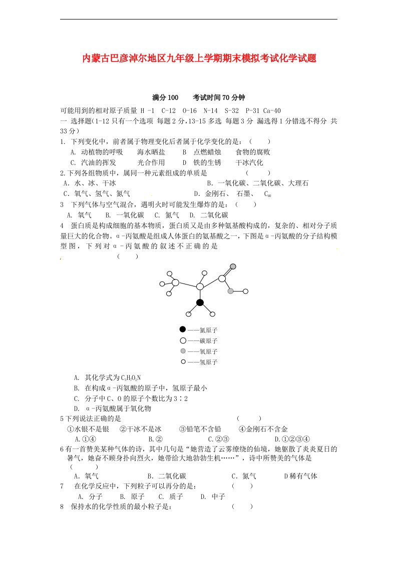 内蒙古巴彦淖尔地区九级化学上学期期末模拟试题