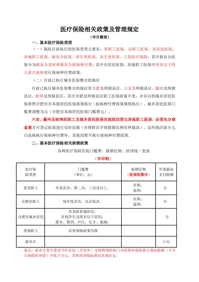 医疗保险相关政策及管理规定