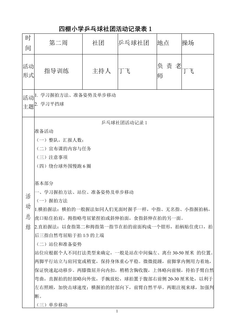 四棚小学乒乓球社团活动记表