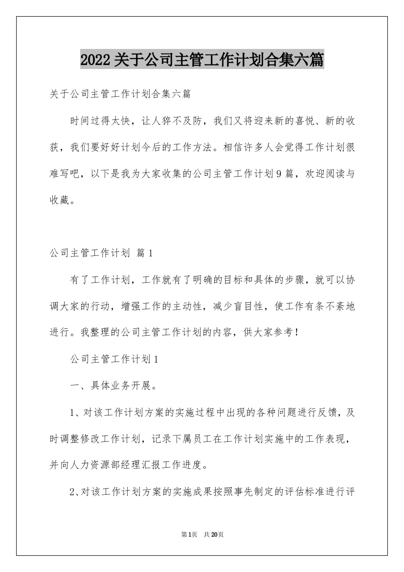 2022关于公司主管工作计划合集六篇