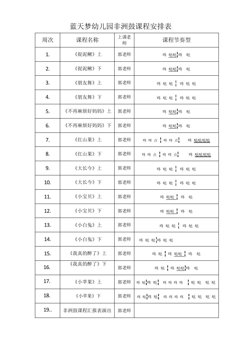 马一村蓝天梦幼儿园非洲鼓兴趣班课程安排表