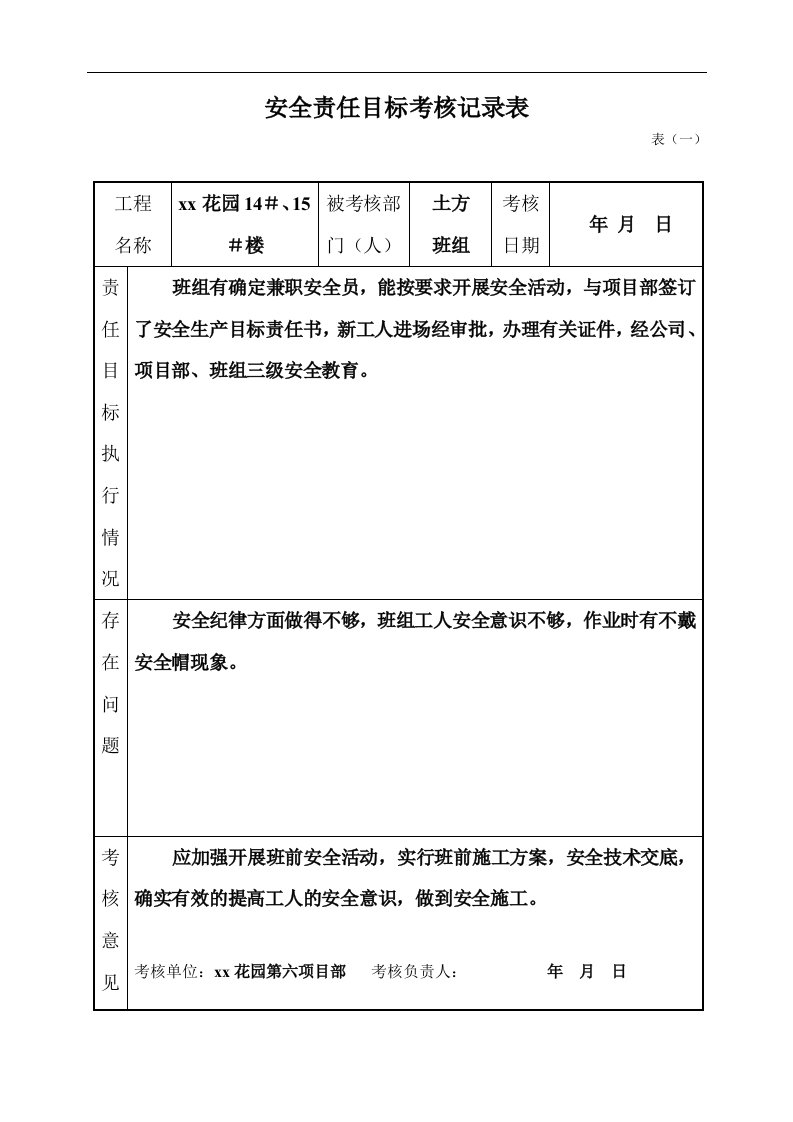 建筑资料-安全责任目标考核记录表01