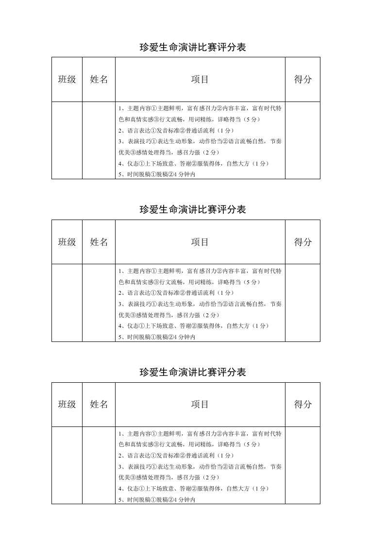 珍爱生命演讲比赛评分表1