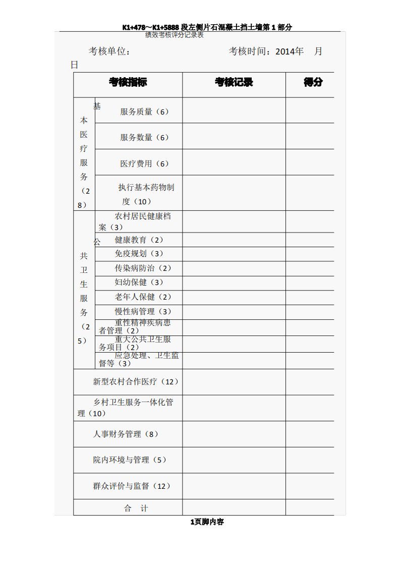 卫生院绩效考核评分记录表