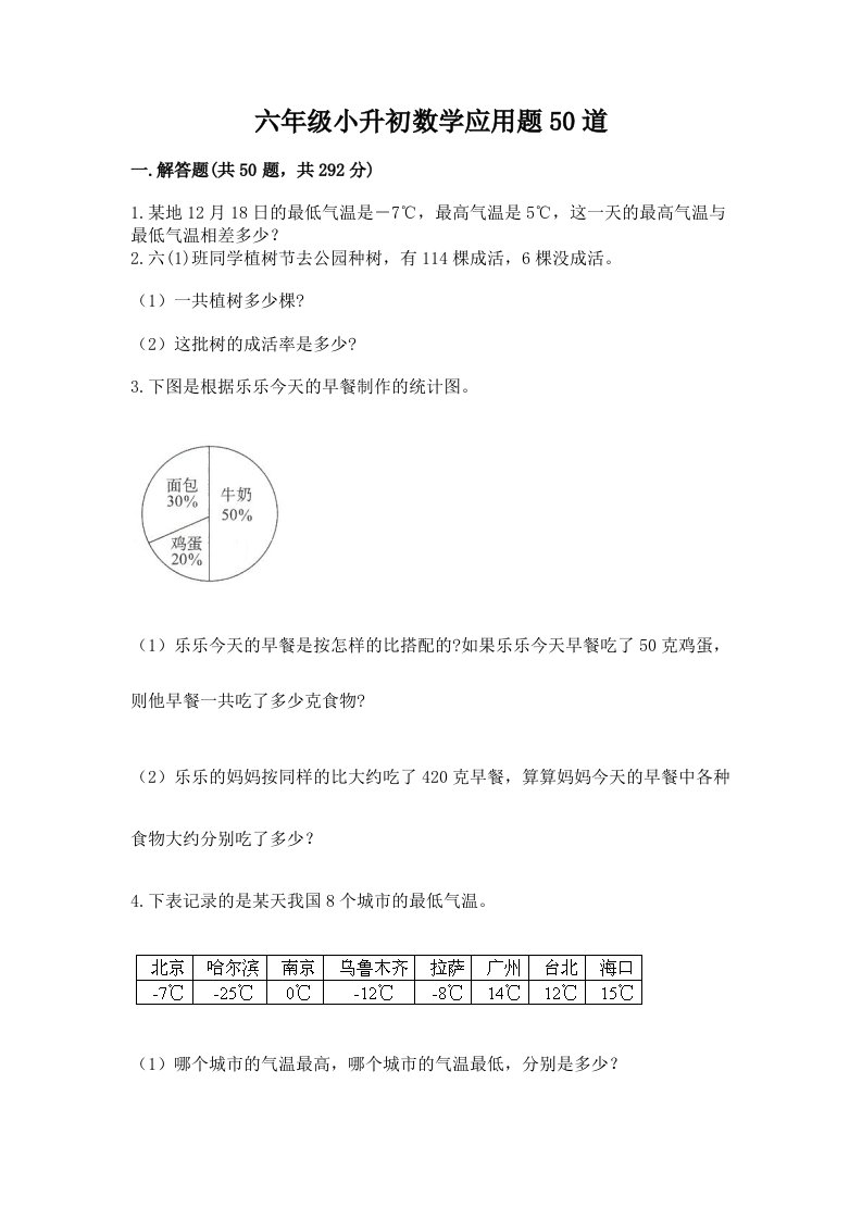 六年级小升初数学应用题50道附完整答案（各地真题）