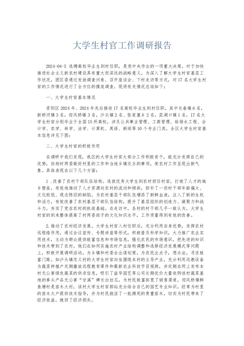 总结报告大学生村官工作调研报告