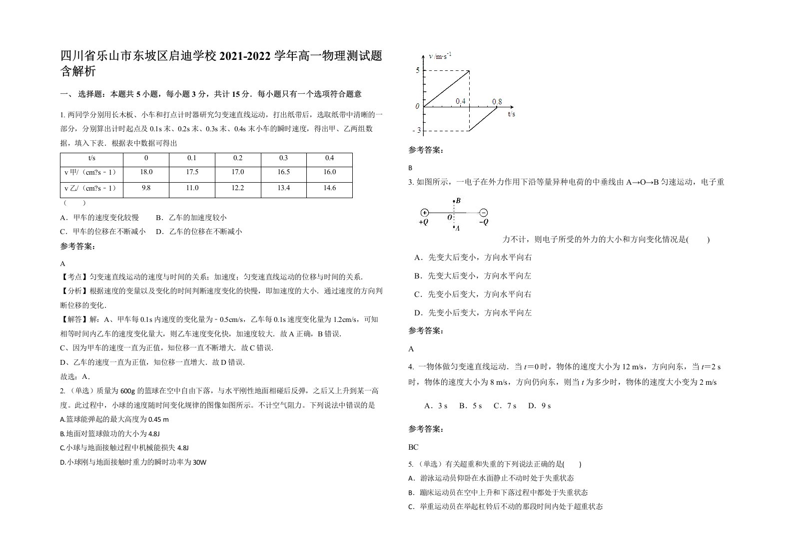 四川省乐山市东坡区启迪学校2021-2022学年高一物理测试题含解析