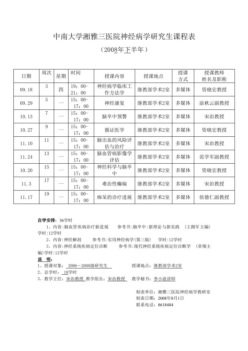 中南大学湘雅三医院神经病学研究生课程表