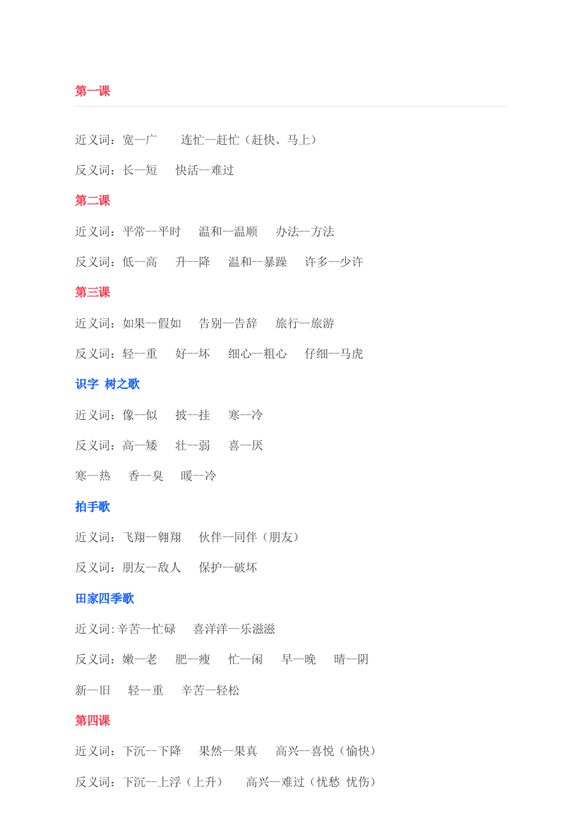 【小学精品】小学二年级语文书中的近义词反义词汇总