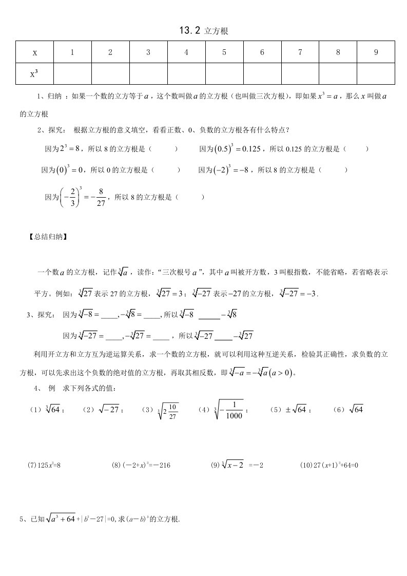 初中七年级数学立方根教案及练习