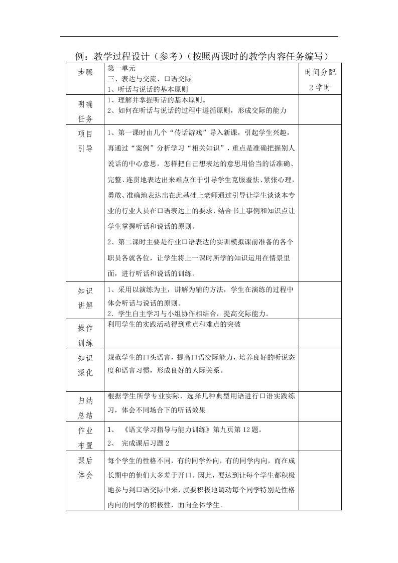 中职语文基础上册《口语交际：听话与说话（一）》word教学设计