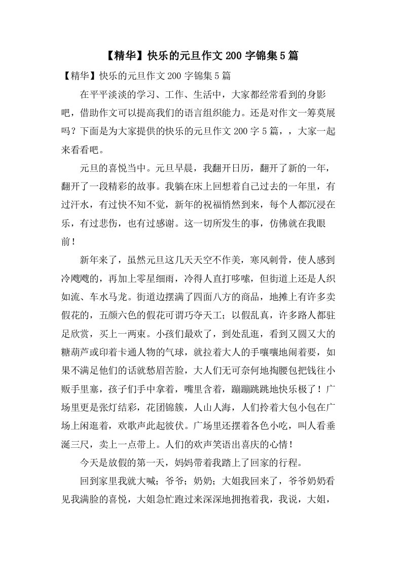 快乐的元旦作文200字锦集5篇