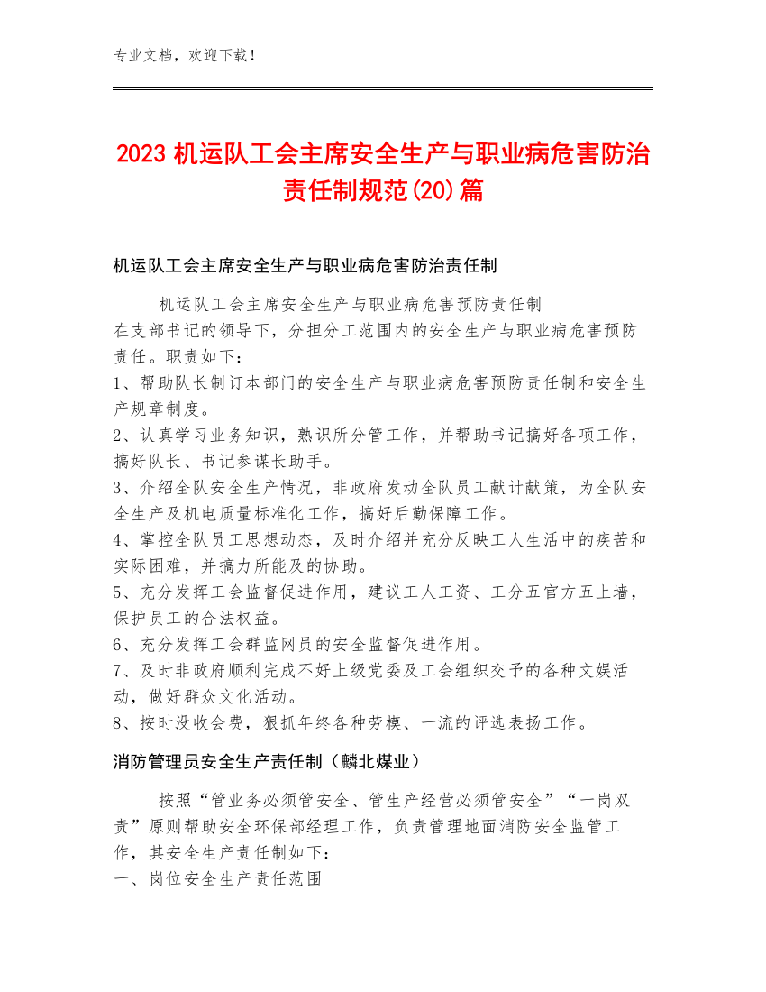 2023机运队工会主席安全生产与职业病危害防治责任制规范(20)篇