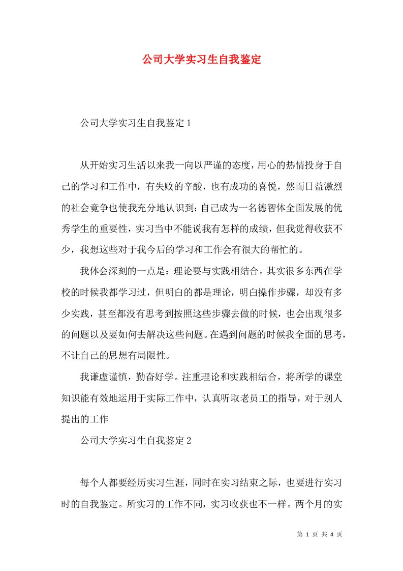 公司大学实习生自我鉴定