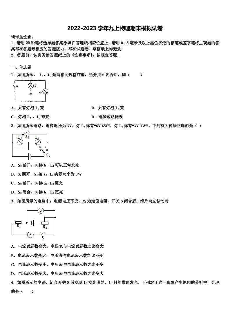 江苏省泰州市智堡实验学校2022年九年级物理第一学期期末学业水平测试试题含解析