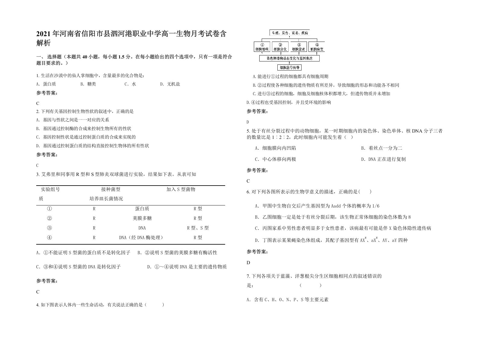 2021年河南省信阳市县泗河港职业中学高一生物月考试卷含解析