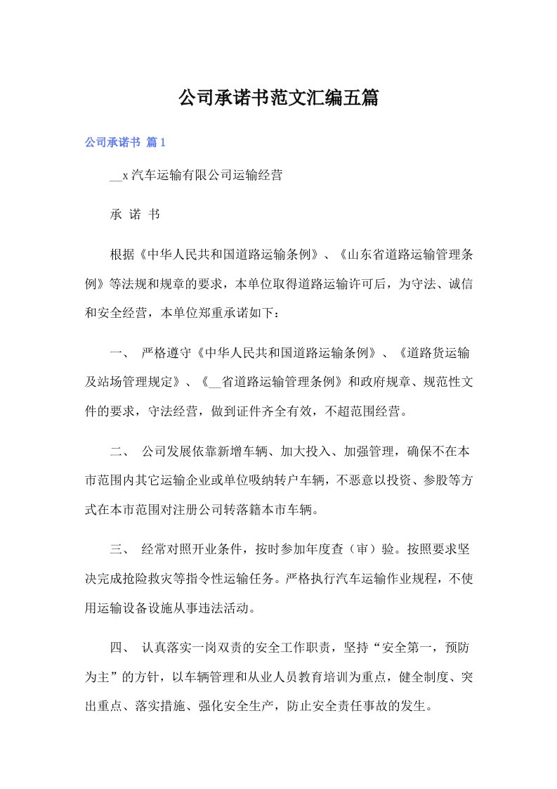 公司承诺书范文汇编五篇