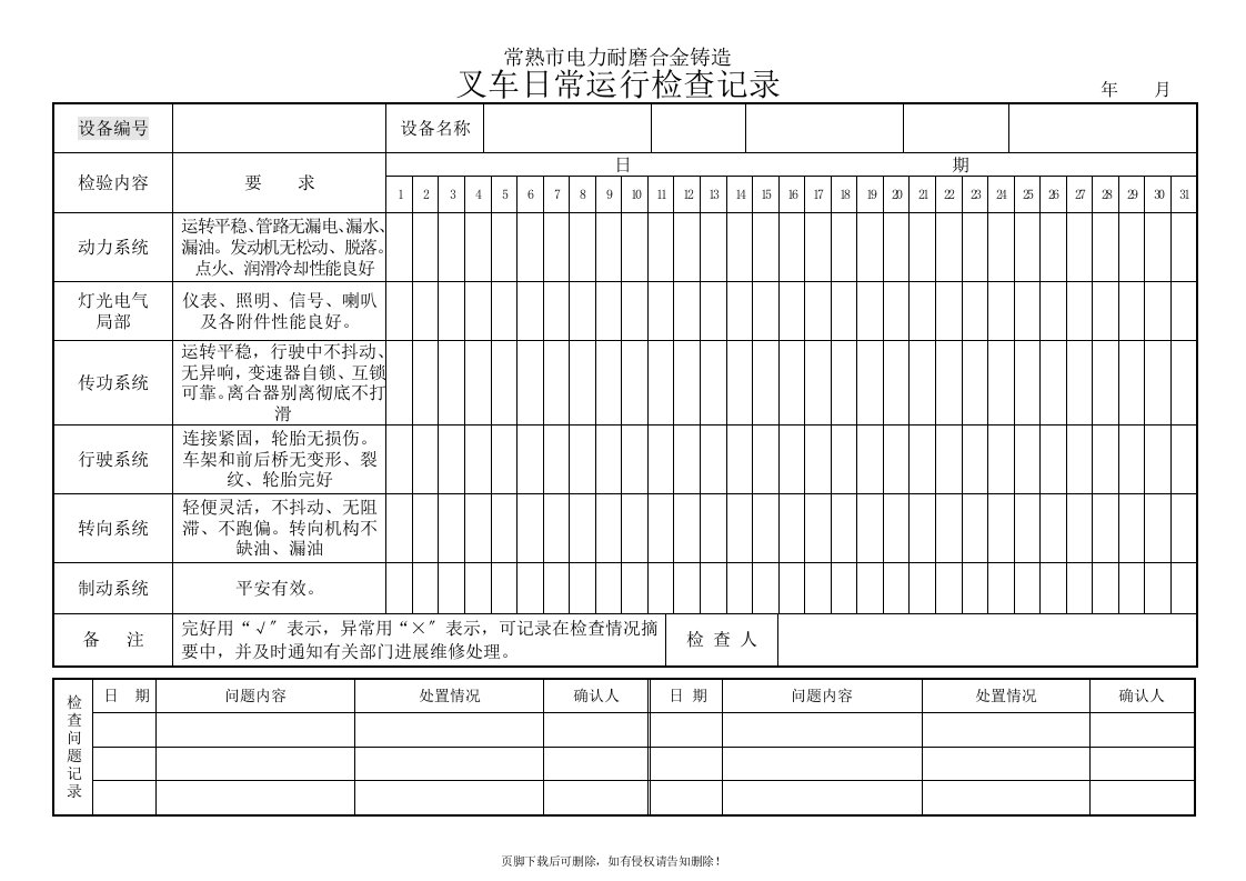 叉车日常运行检查记录