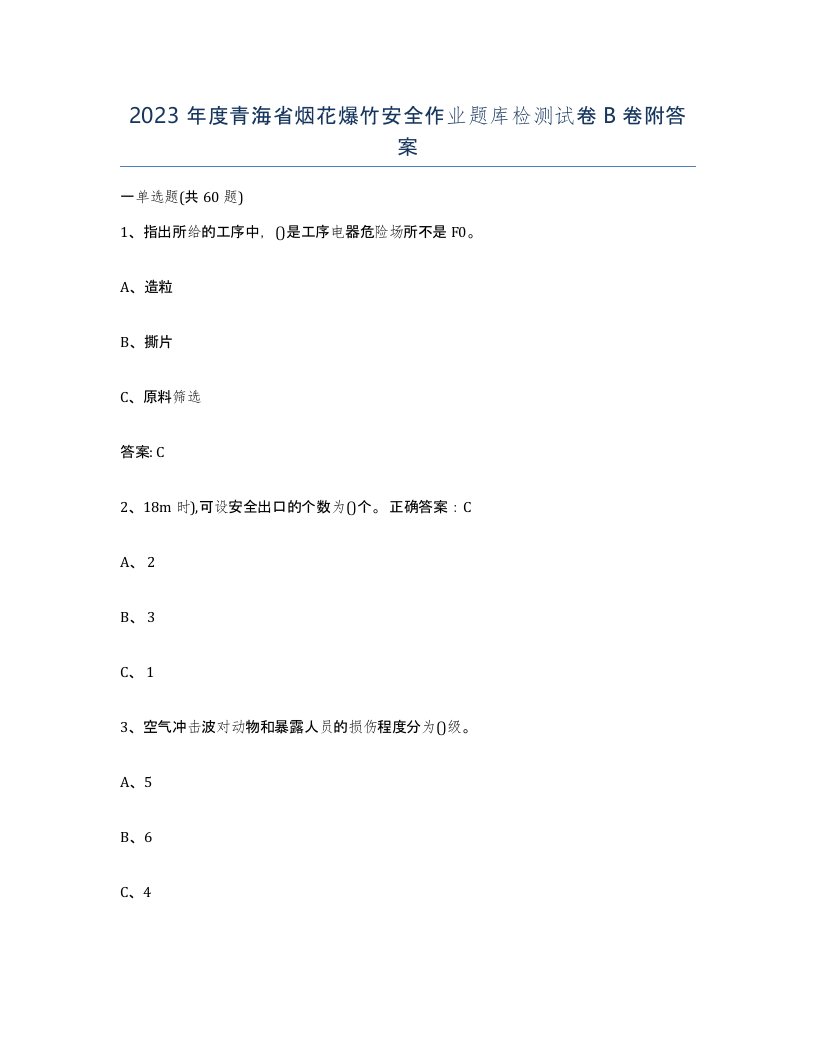 2023年度青海省烟花爆竹安全作业题库检测试卷B卷附答案