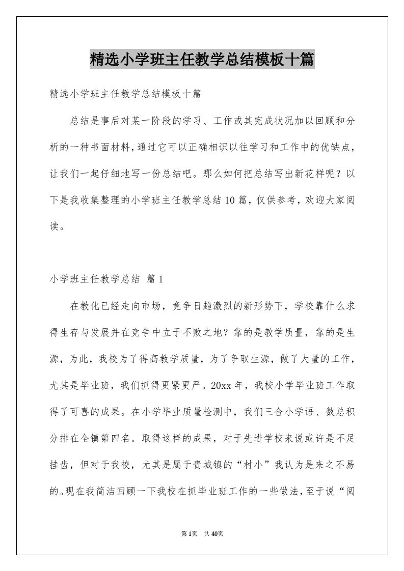 小学班主任教学总结模板十篇