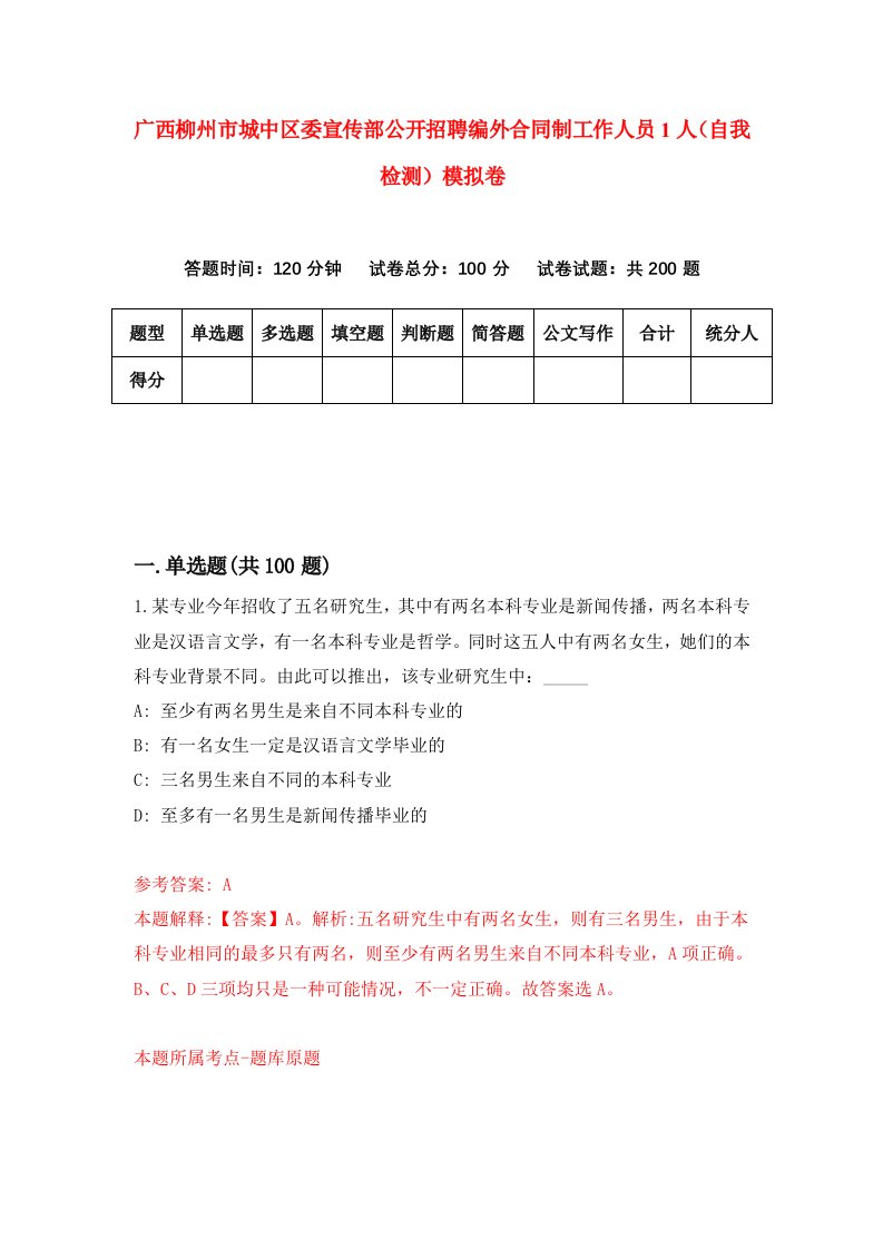 广西柳州市城中区委宣传部公开招聘编外合同制工作人员1人自我检测模拟卷0